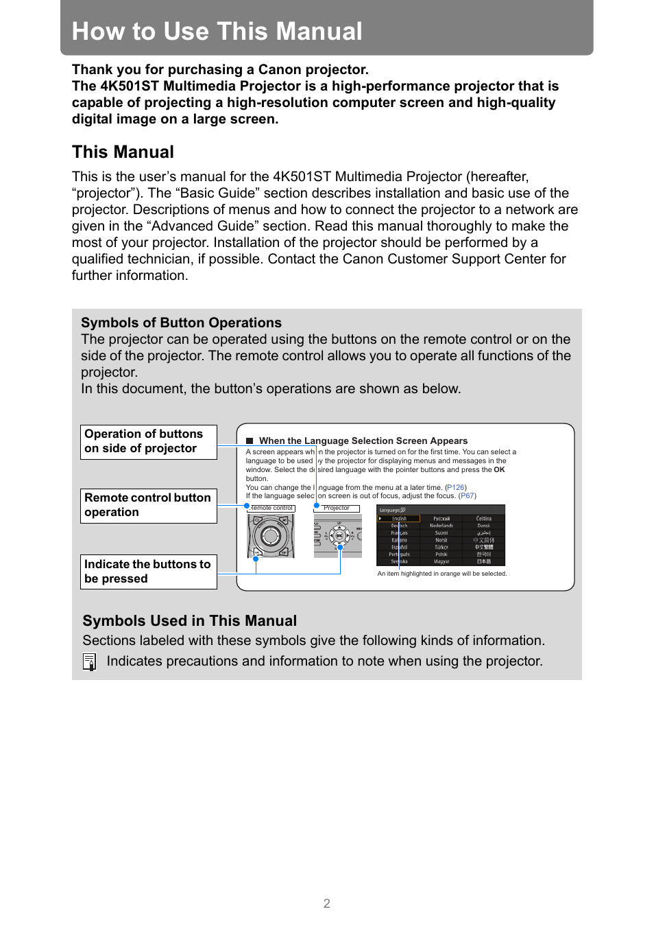 How to use this manual, This manual, Symbols used in this manual | Canon REALiS 4K501ST Pro AV 5000-Lumen LCoS Projector User Manual | Page 2 / 196