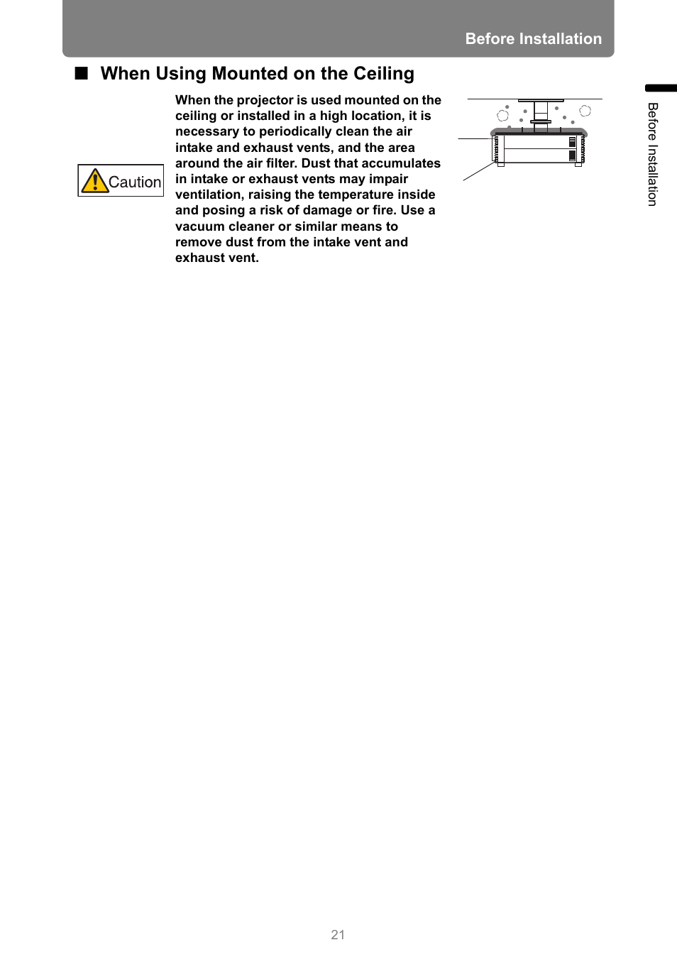 When using mounted on the ceiling | Canon REALiS 4K501ST Pro AV 5000-Lumen LCoS Projector User Manual | Page 21 / 196