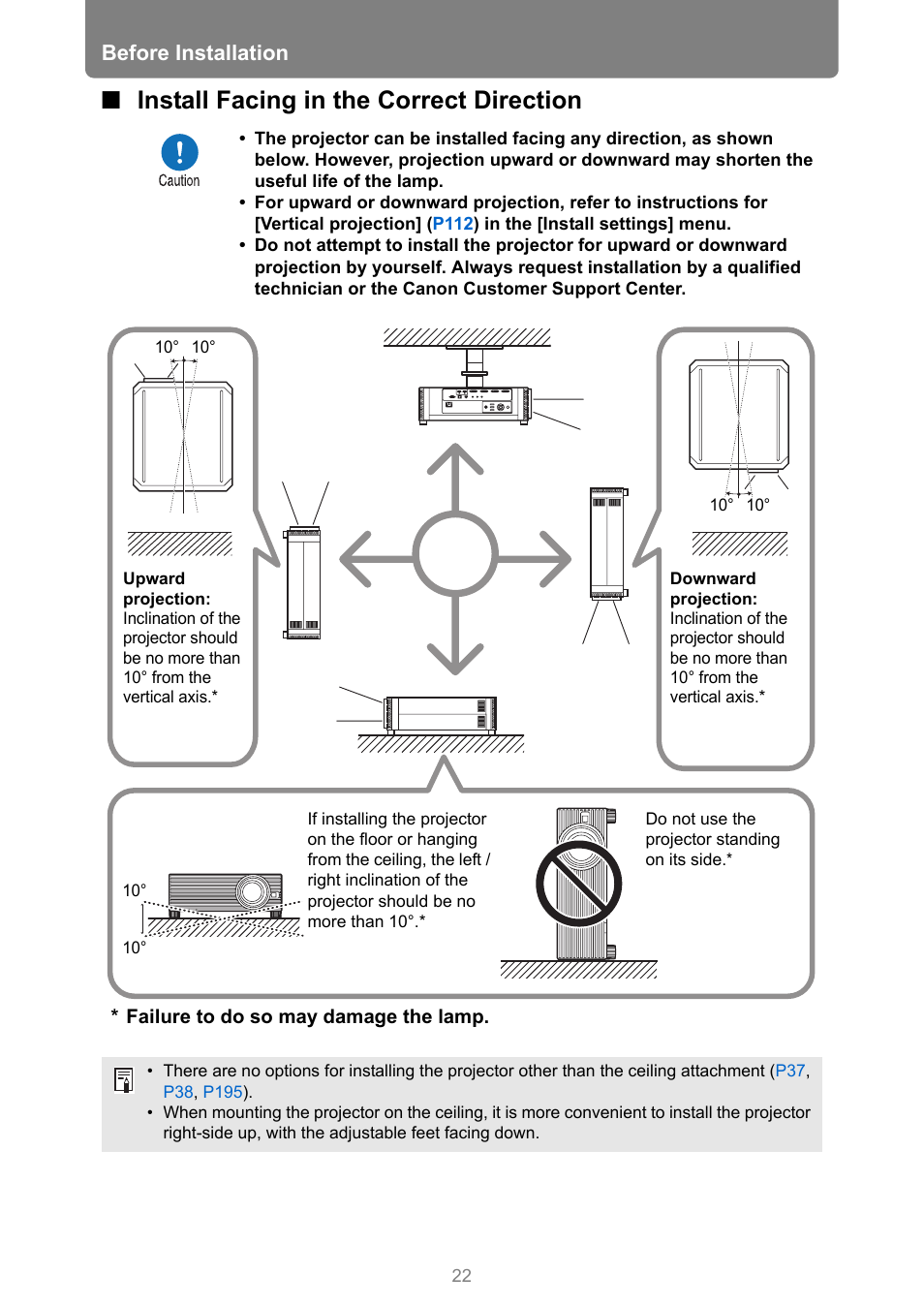 Install facing in the correct direction, Before installation | Canon REALiS 4K501ST Pro AV 5000-Lumen LCoS Projector User Manual | Page 22 / 196