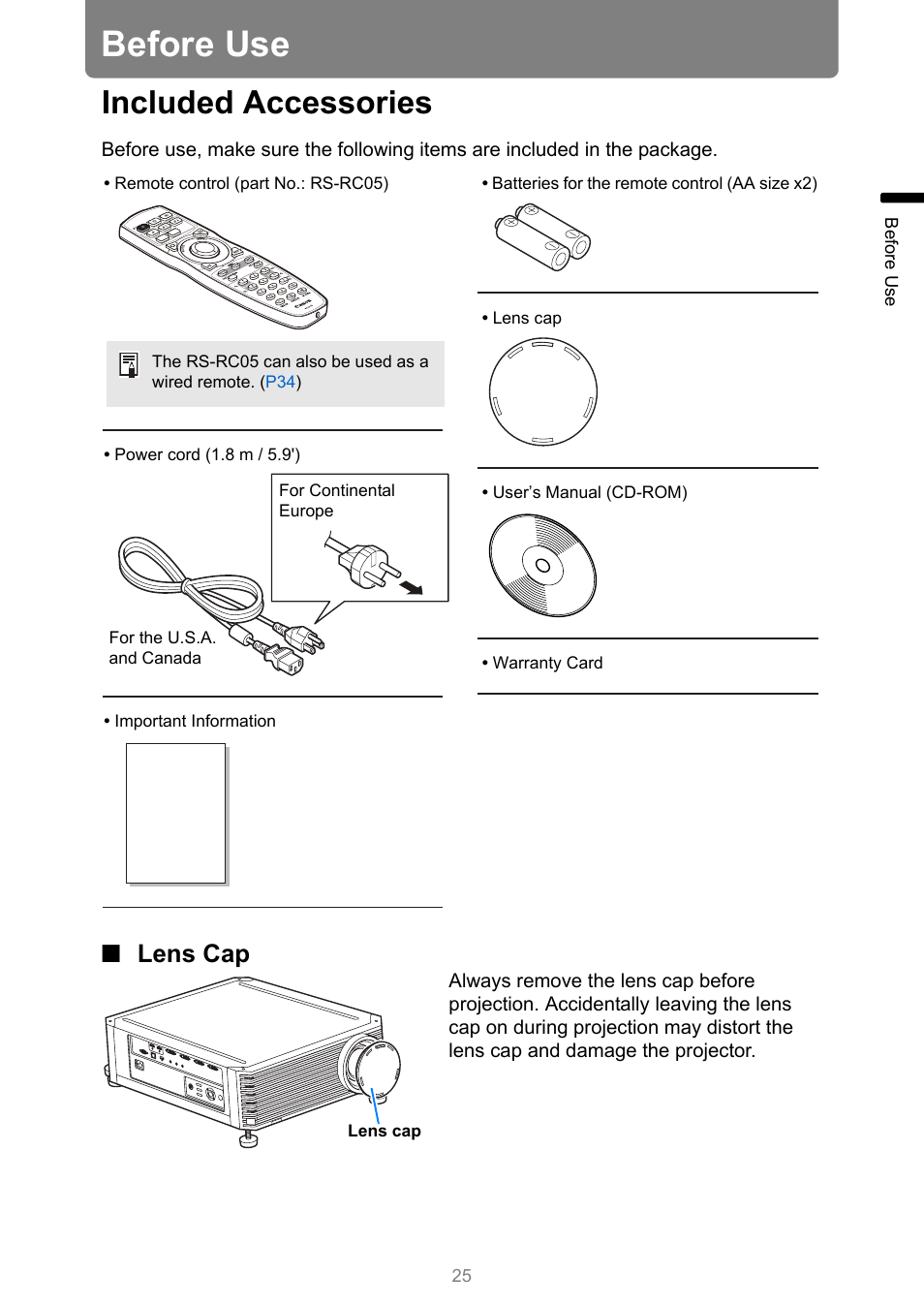 Before use, Included accessories, Lens cap | Canon REALiS 4K501ST Pro AV 5000-Lumen LCoS Projector User Manual | Page 25 / 196