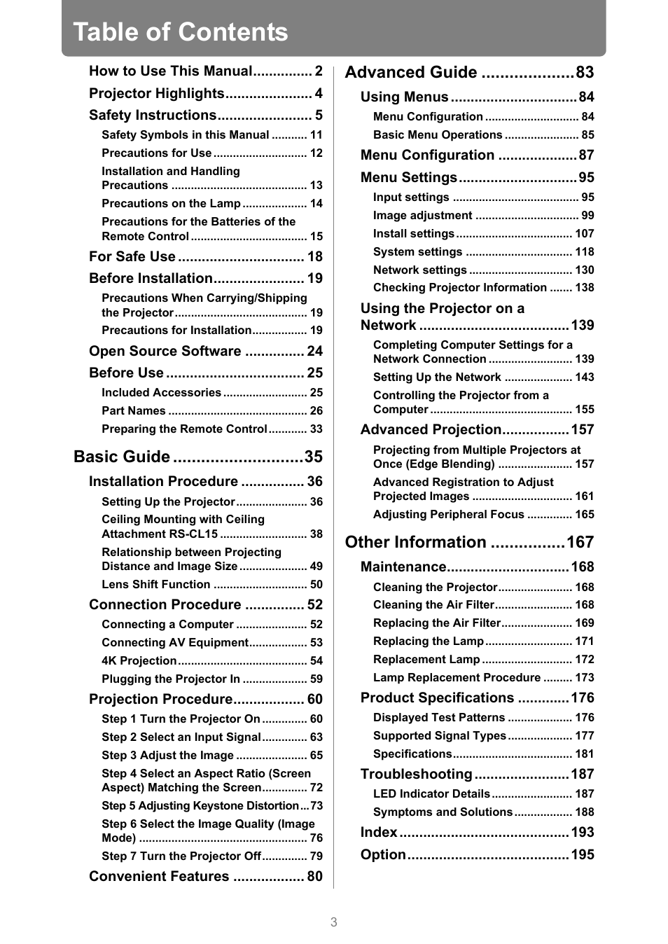 Canon REALiS 4K501ST Pro AV 5000-Lumen LCoS Projector User Manual | Page 3 / 196
