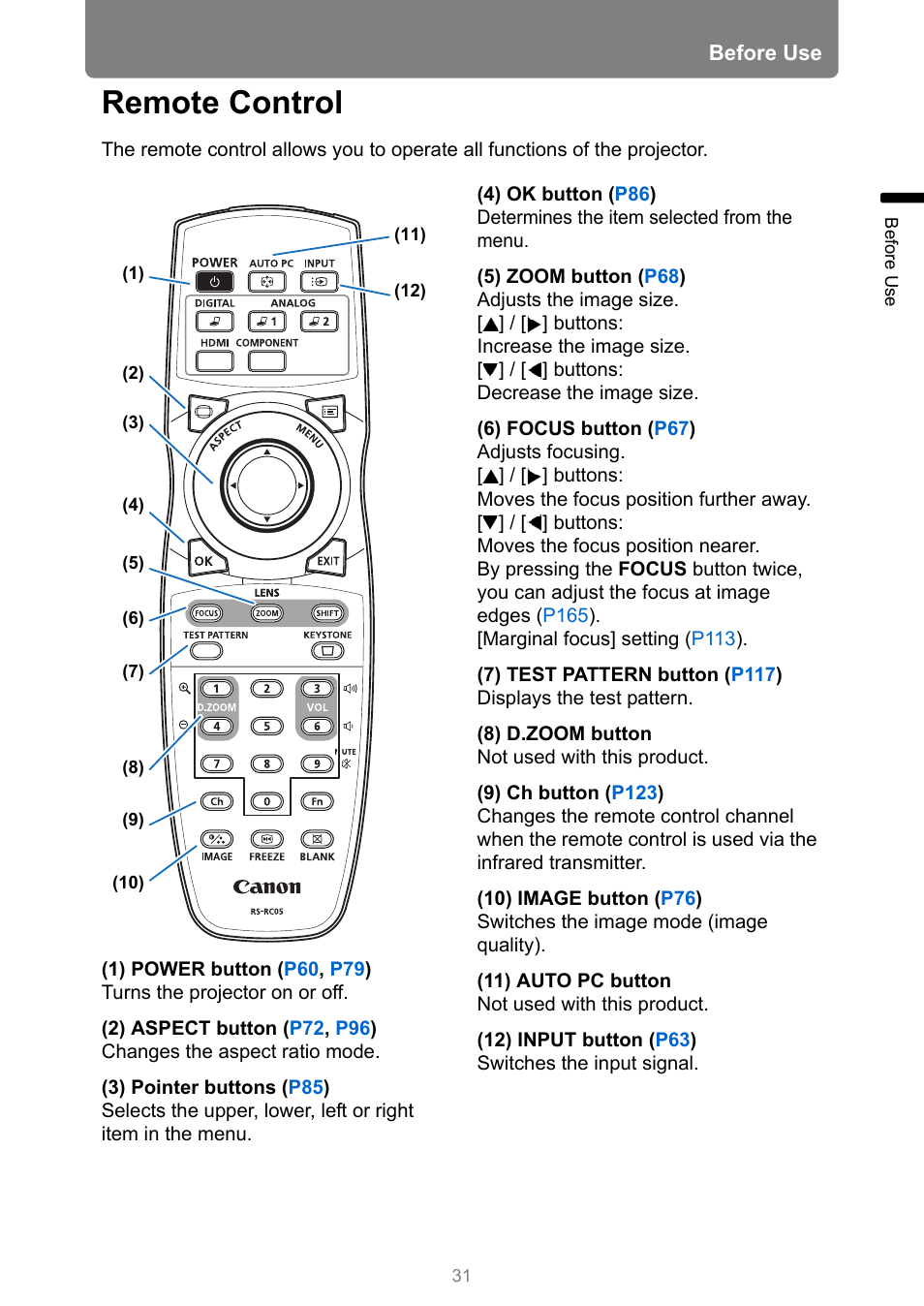 Remote control | Canon REALiS 4K501ST Pro AV 5000-Lumen LCoS Projector User Manual | Page 31 / 196