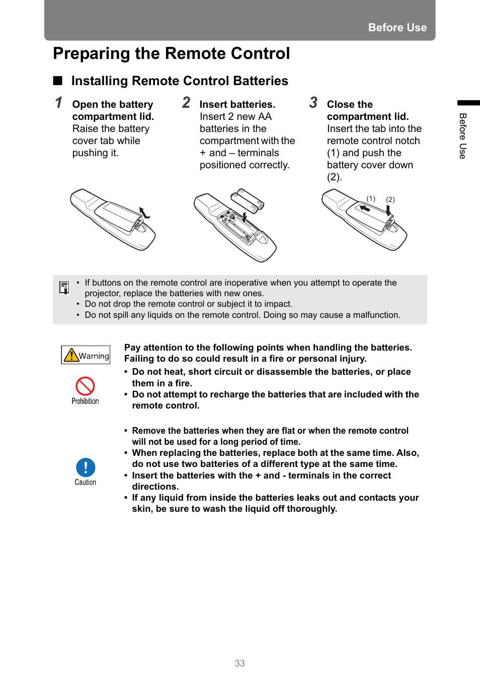 Preparing the remote control, Installing remote control batteries | Canon REALiS 4K501ST Pro AV 5000-Lumen LCoS Projector User Manual | Page 33 / 196