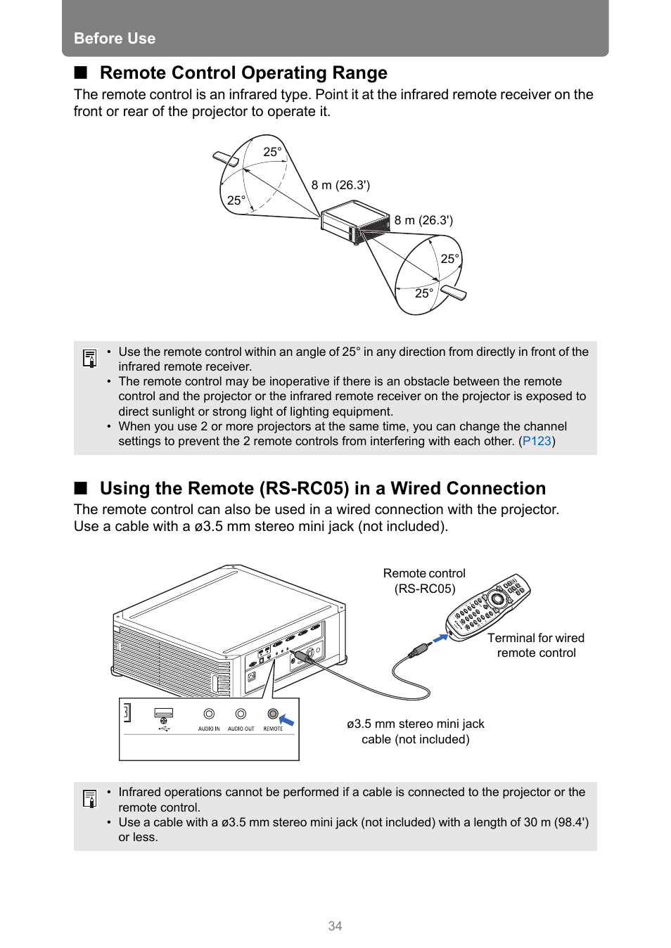 Remote control operating range, Using the remote (rs-rc05) in a wired connection, Before use | Canon REALiS 4K501ST Pro AV 5000-Lumen LCoS Projector User Manual | Page 34 / 196
