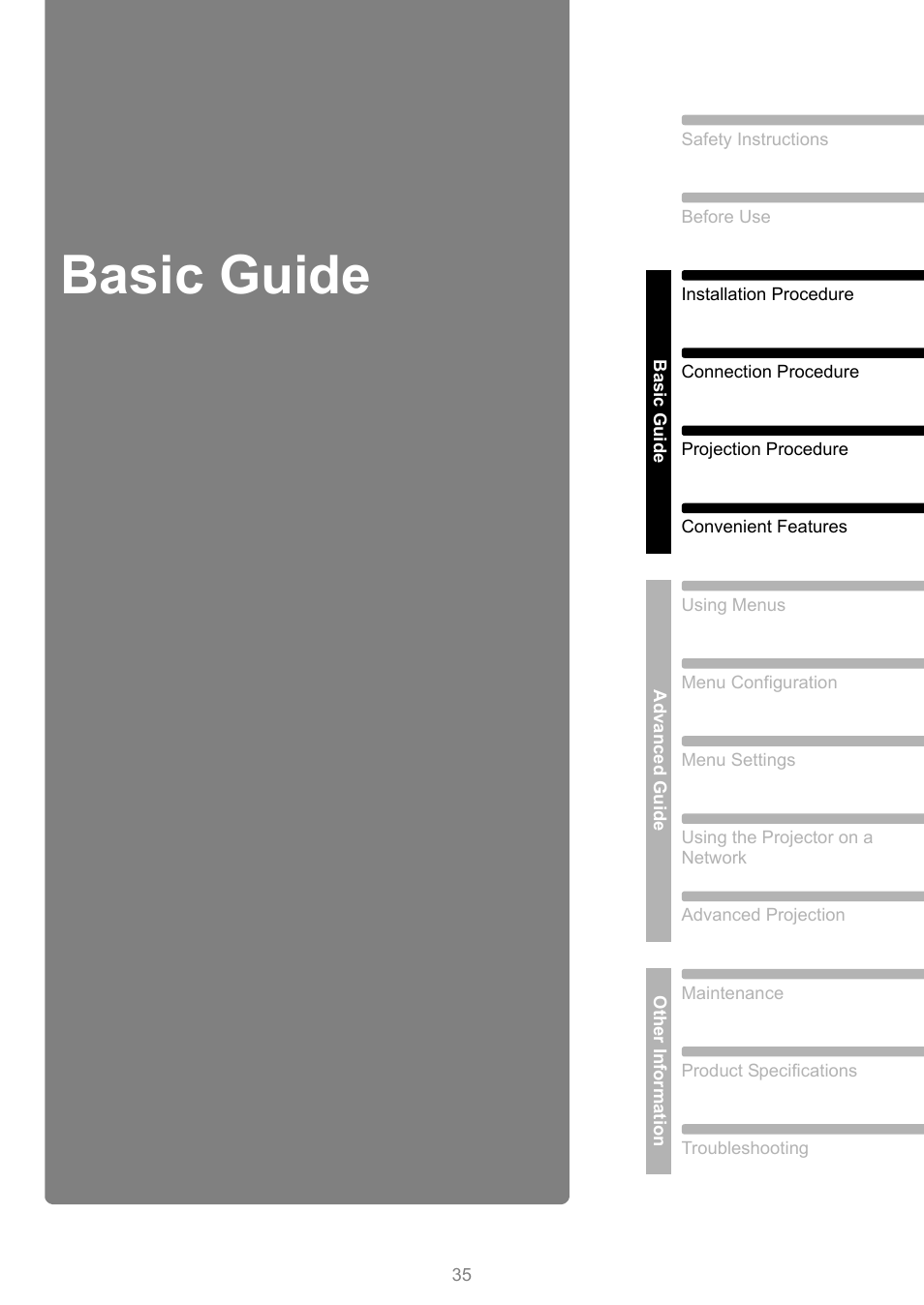 Basic guide | Canon REALiS 4K501ST Pro AV 5000-Lumen LCoS Projector User Manual | Page 35 / 196