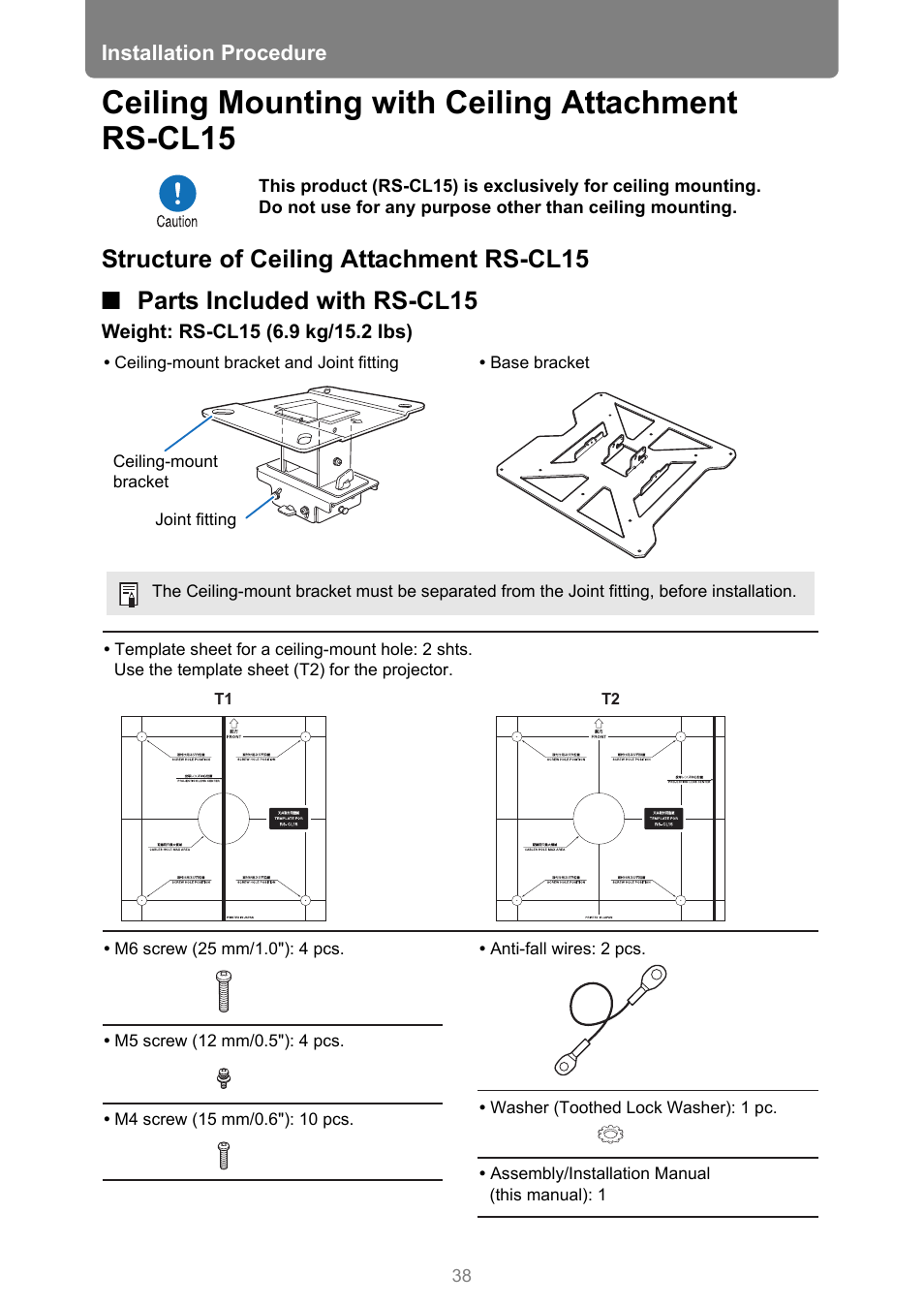 Ceiling mounting with ceiling attachment rs-cl15, Structure of ceiling attachment rs-cl15, Parts included with rs-cl15 | Canon REALiS 4K501ST Pro AV 5000-Lumen LCoS Projector User Manual | Page 38 / 196