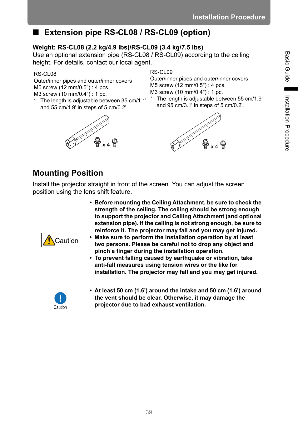 Extension pipe rs-cl08 / rs-cl09 (option), Mounting position | Canon REALiS 4K501ST Pro AV 5000-Lumen LCoS Projector User Manual | Page 39 / 196