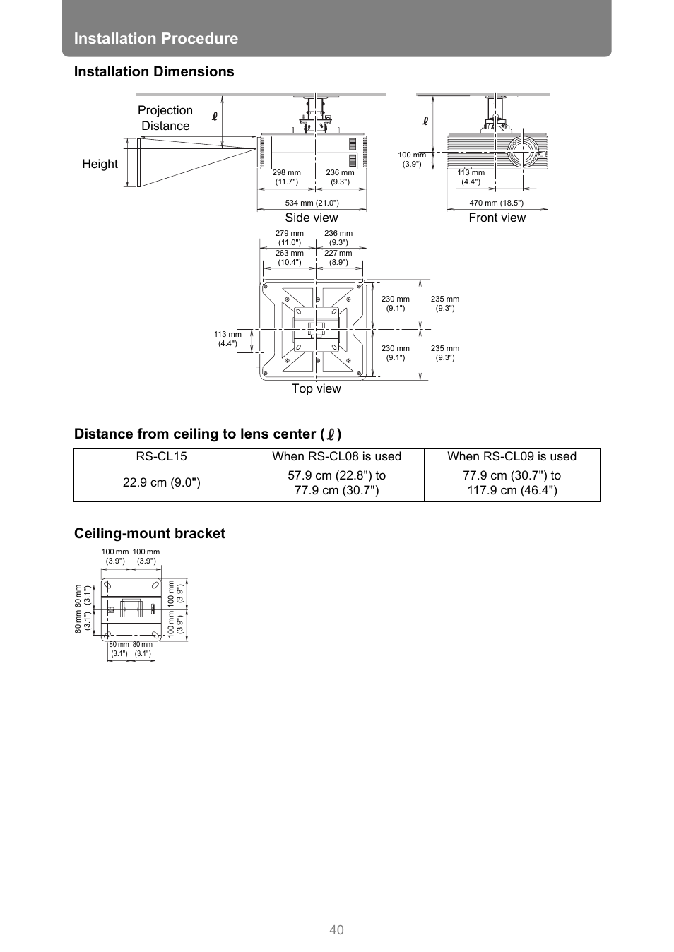 Installation procedure, Top view | Canon REALiS 4K501ST Pro AV 5000-Lumen LCoS Projector User Manual | Page 40 / 196