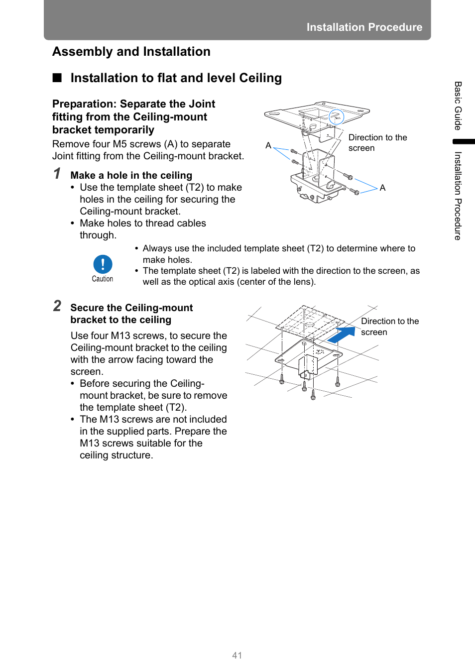 Assembly and installation, Installation to flat and level ceiling | Canon REALiS 4K501ST Pro AV 5000-Lumen LCoS Projector User Manual | Page 41 / 196