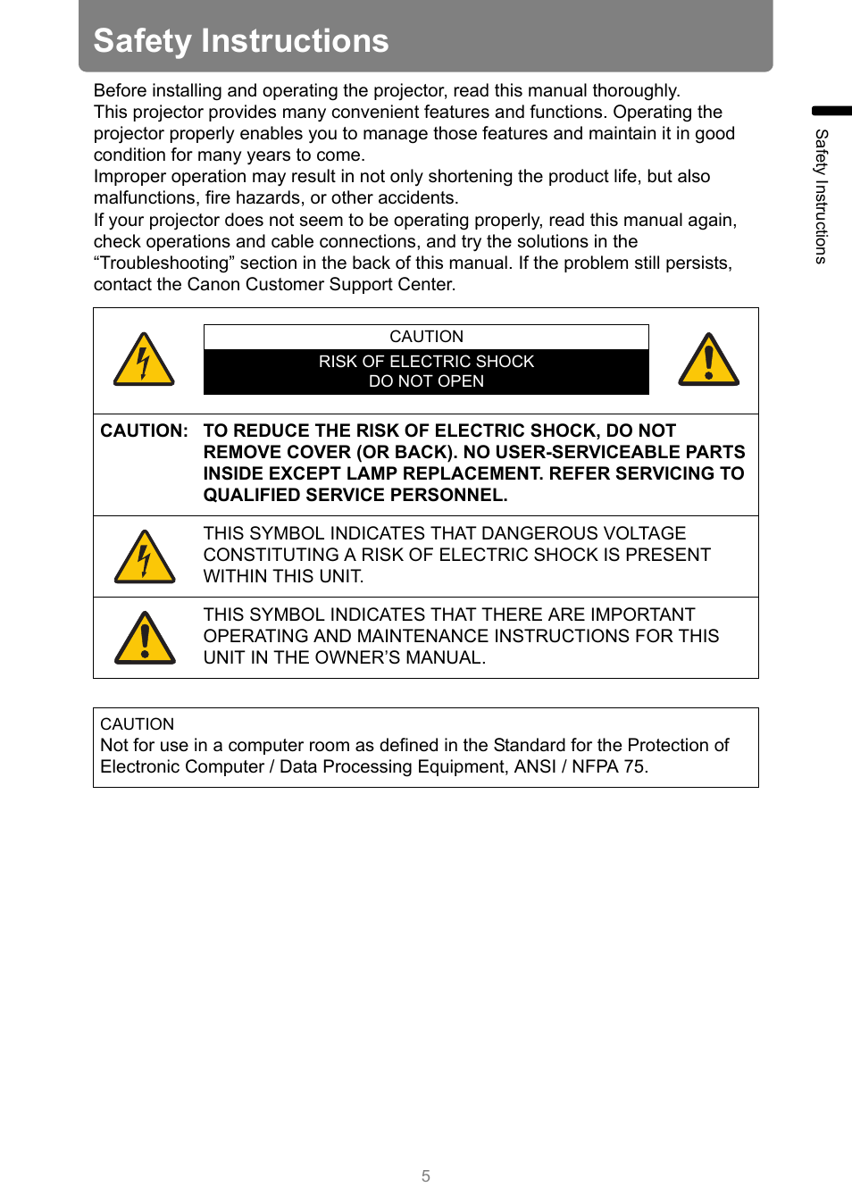 Safety instructions | Canon REALiS 4K501ST Pro AV 5000-Lumen LCoS Projector User Manual | Page 5 / 196