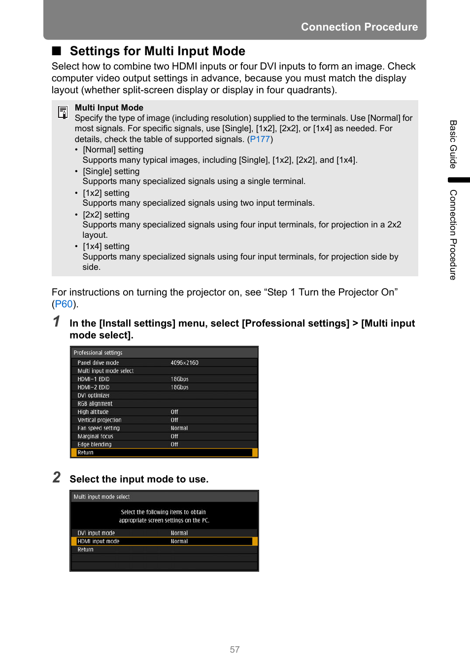 Settings for multi input mode | Canon REALiS 4K501ST Pro AV 5000-Lumen LCoS Projector User Manual | Page 57 / 196