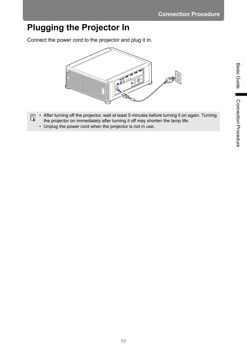 Plugging the projector in | Canon REALiS 4K501ST Pro AV 5000-Lumen LCoS Projector User Manual | Page 59 / 196