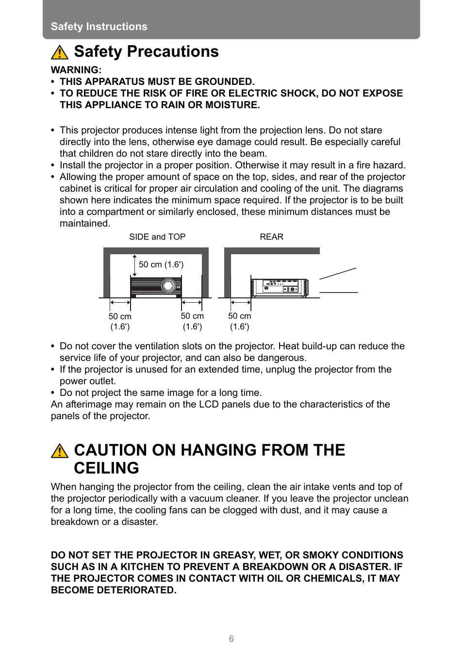 Safety precautions, Caution on hanging from the ceiling | Canon REALiS 4K501ST Pro AV 5000-Lumen LCoS Projector User Manual | Page 6 / 196