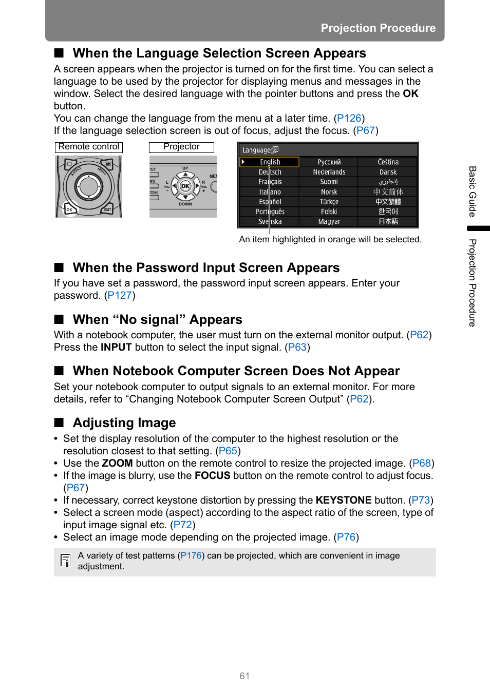 When the language selection screen appears, When the password input screen appears, When “no signal” appears | When notebook computer screen does not appear, Adjusting image | Canon REALiS 4K501ST Pro AV 5000-Lumen LCoS Projector User Manual | Page 61 / 196