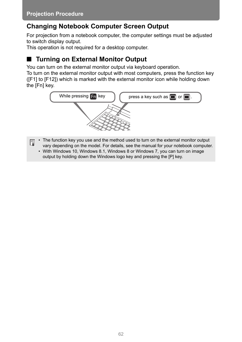 Changing notebook computer screen output, Turning on external monitor output, To “changing notebook computer screen output | Canon REALiS 4K501ST Pro AV 5000-Lumen LCoS Projector User Manual | Page 62 / 196