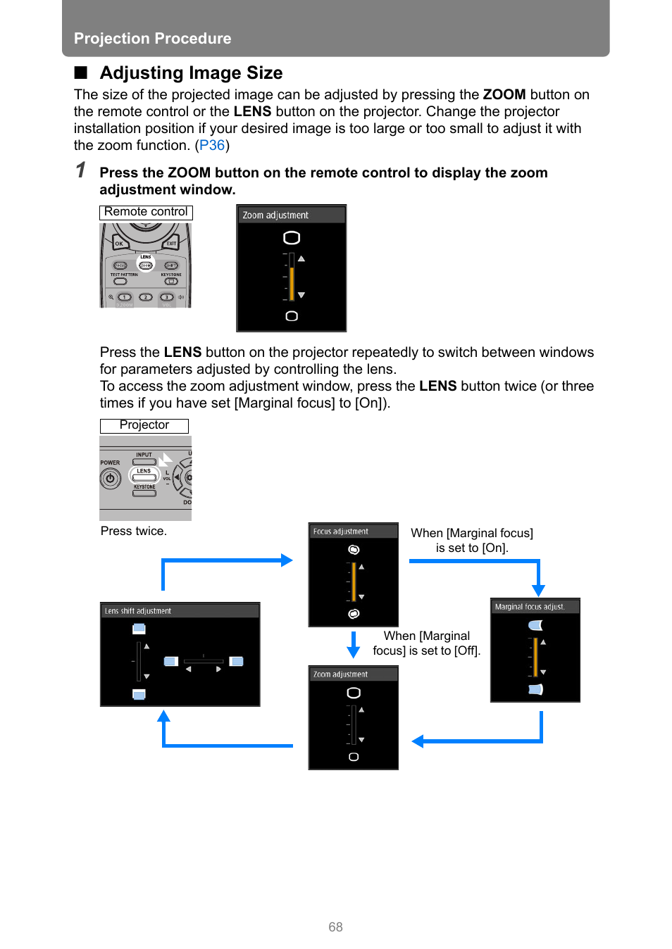 Adjusting image size, Size), 5) zoom button | D image | Canon REALiS 4K501ST Pro AV 5000-Lumen LCoS Projector User Manual | Page 68 / 196