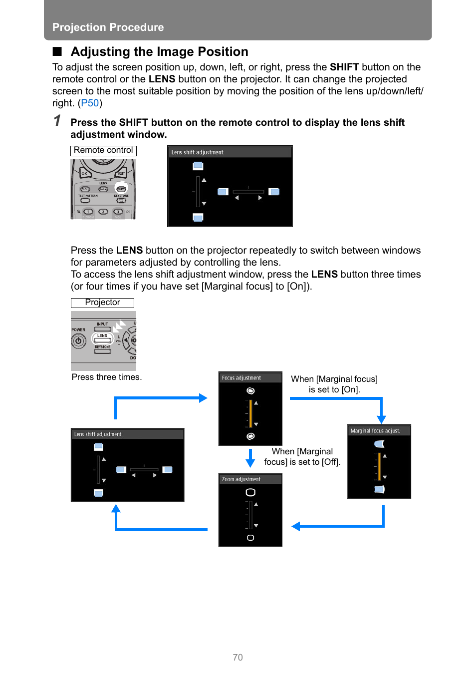 Adjusting the image position | Canon REALiS 4K501ST Pro AV 5000-Lumen LCoS Projector User Manual | Page 70 / 196