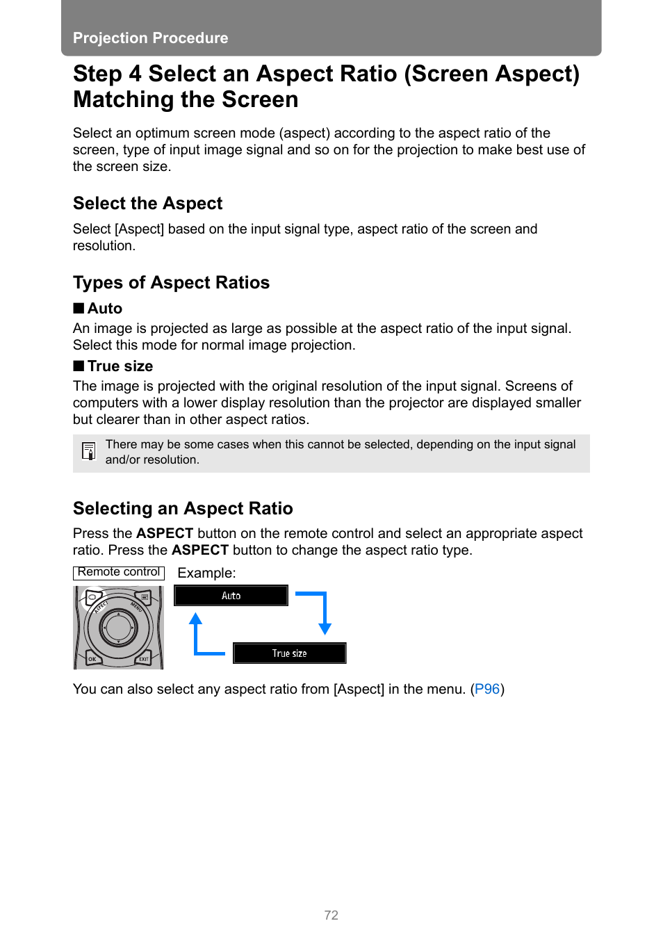Select the aspect, Types of aspect ratios, Selecting an aspect ratio | Canon REALiS 4K501ST Pro AV 5000-Lumen LCoS Projector User Manual | Page 72 / 196