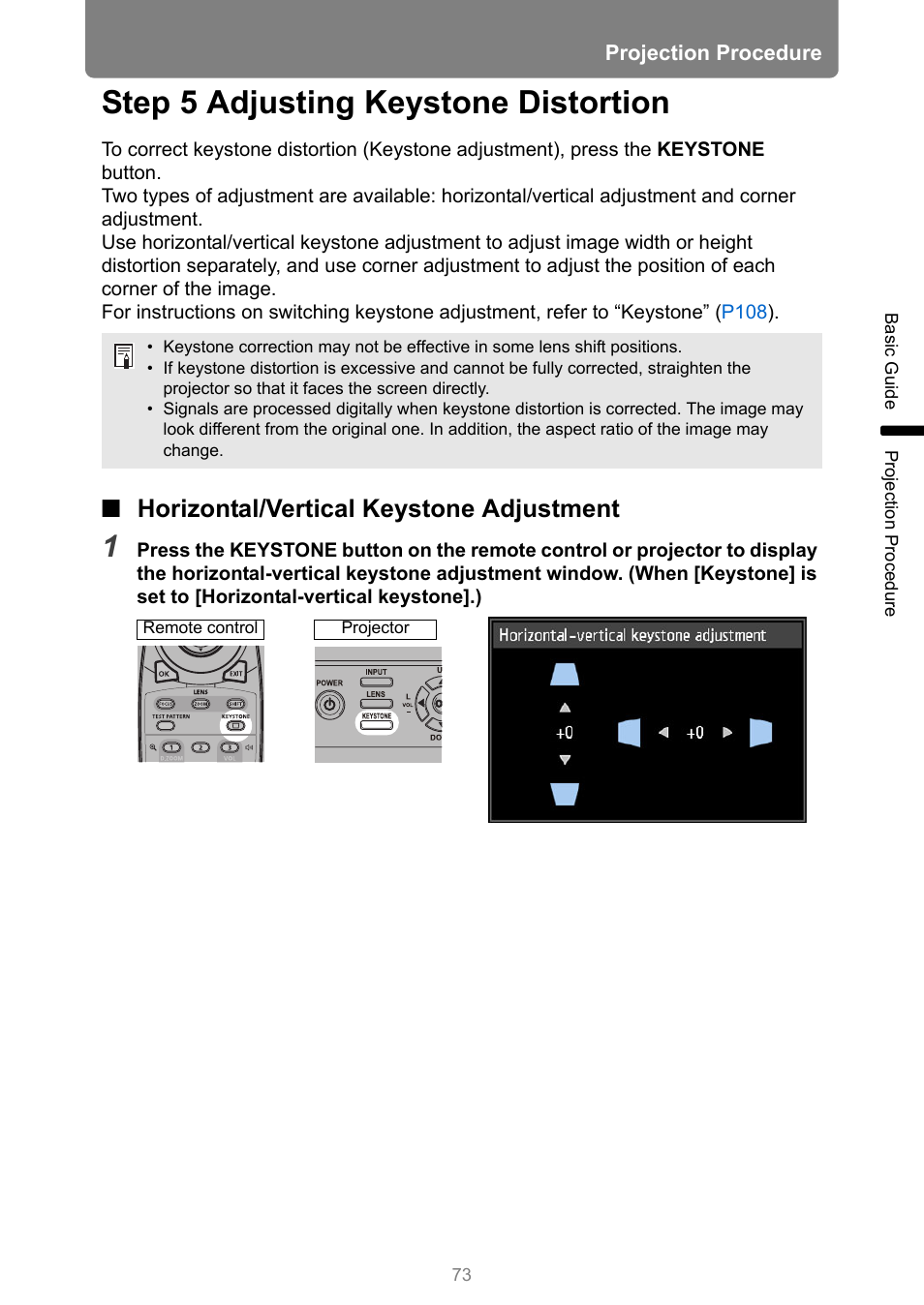 Step 5 adjusting keystone distortion, Horizontal/vertical keystone adjustment, One button | Canon REALiS 4K501ST Pro AV 5000-Lumen LCoS Projector User Manual | Page 73 / 196