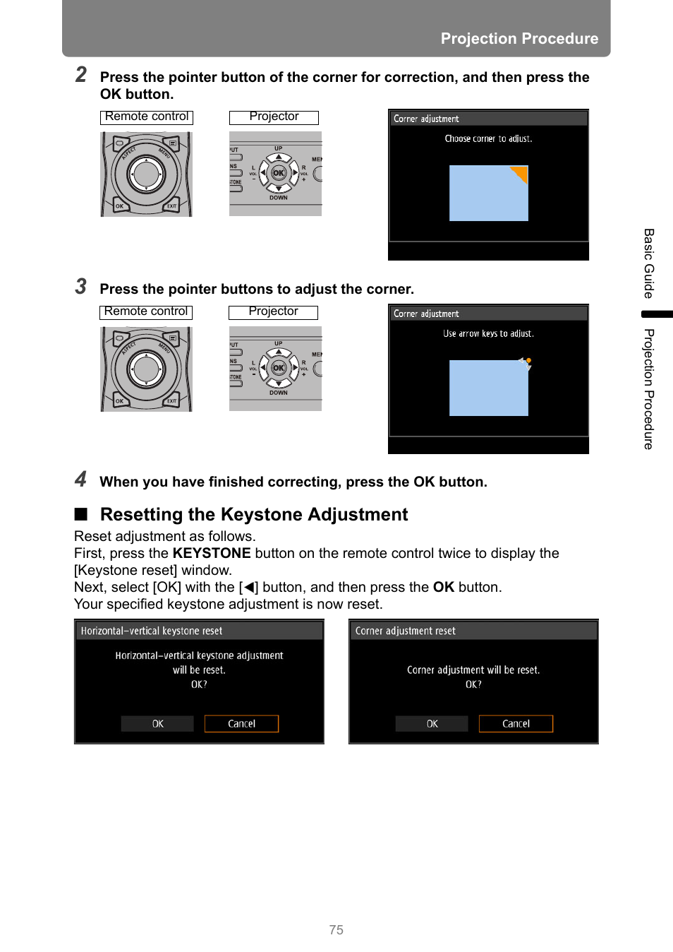Resetting the keystone adjustment | Canon REALiS 4K501ST Pro AV 5000-Lumen LCoS Projector User Manual | Page 75 / 196