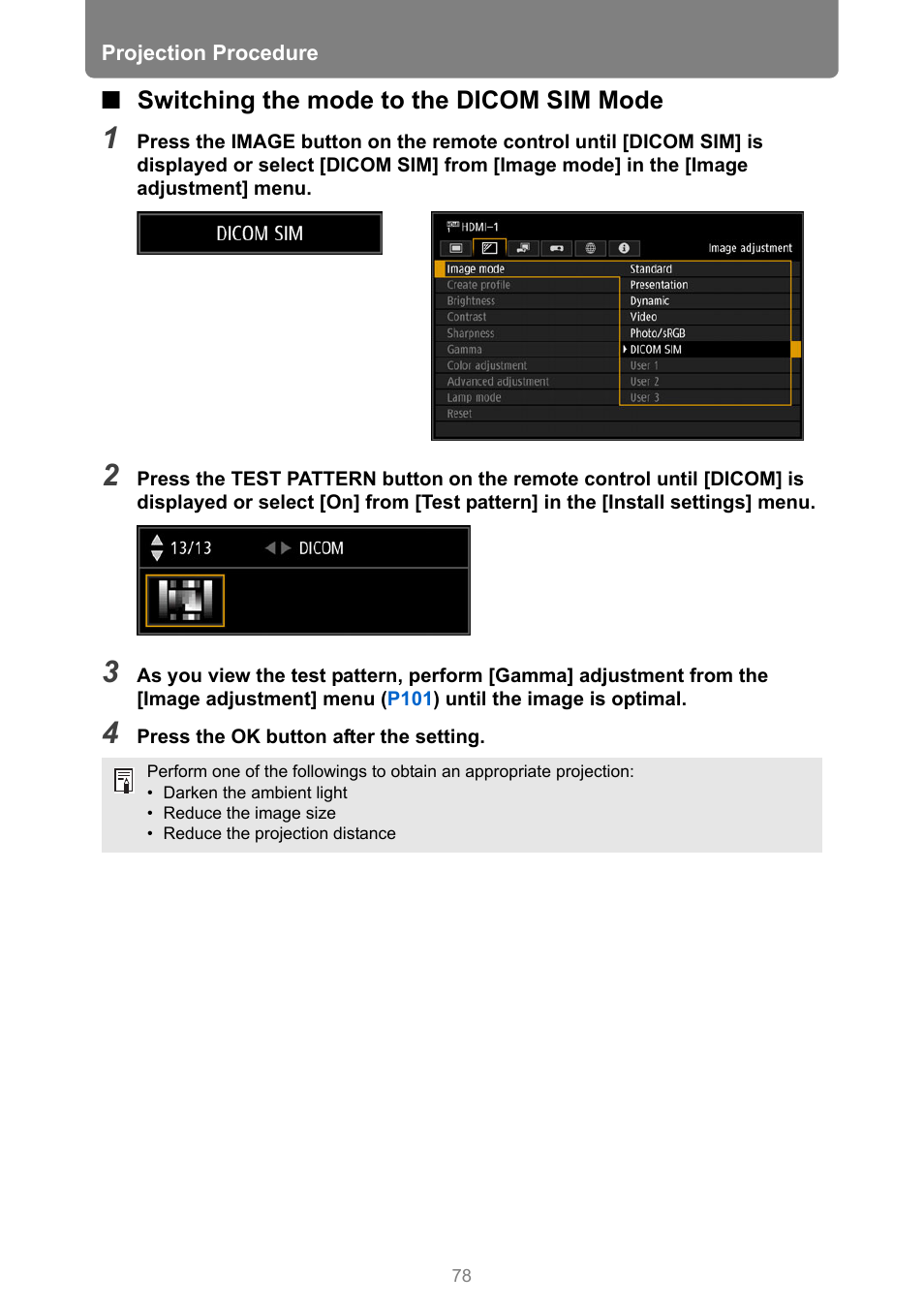 Switching the mode to the dicom sim mode | Canon REALiS 4K501ST Pro AV 5000-Lumen LCoS Projector User Manual | Page 78 / 196