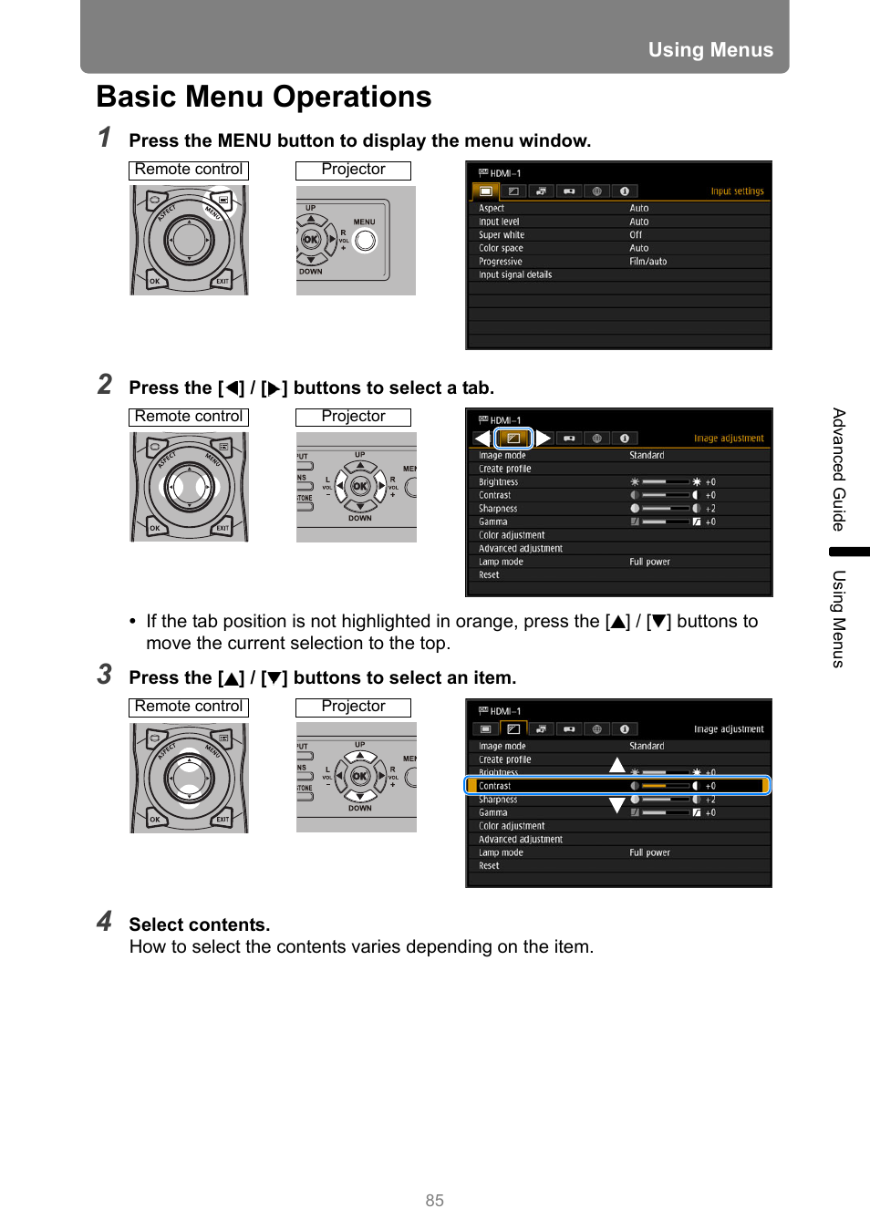 Basic menu operations | Canon REALiS 4K501ST Pro AV 5000-Lumen LCoS Projector User Manual | Page 85 / 196