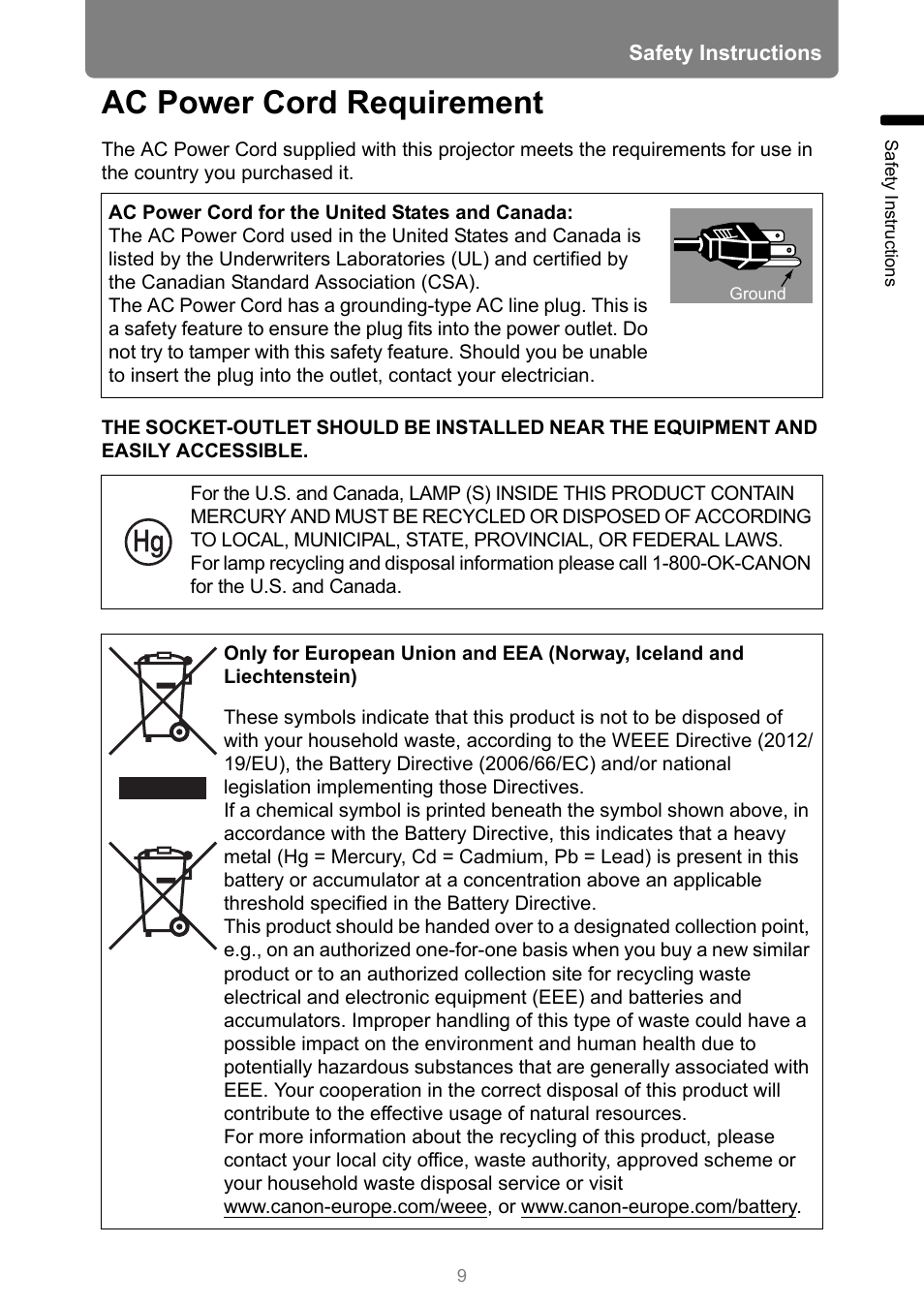 Ac power cord requirement | Canon REALiS 4K501ST Pro AV 5000-Lumen LCoS Projector User Manual | Page 9 / 196