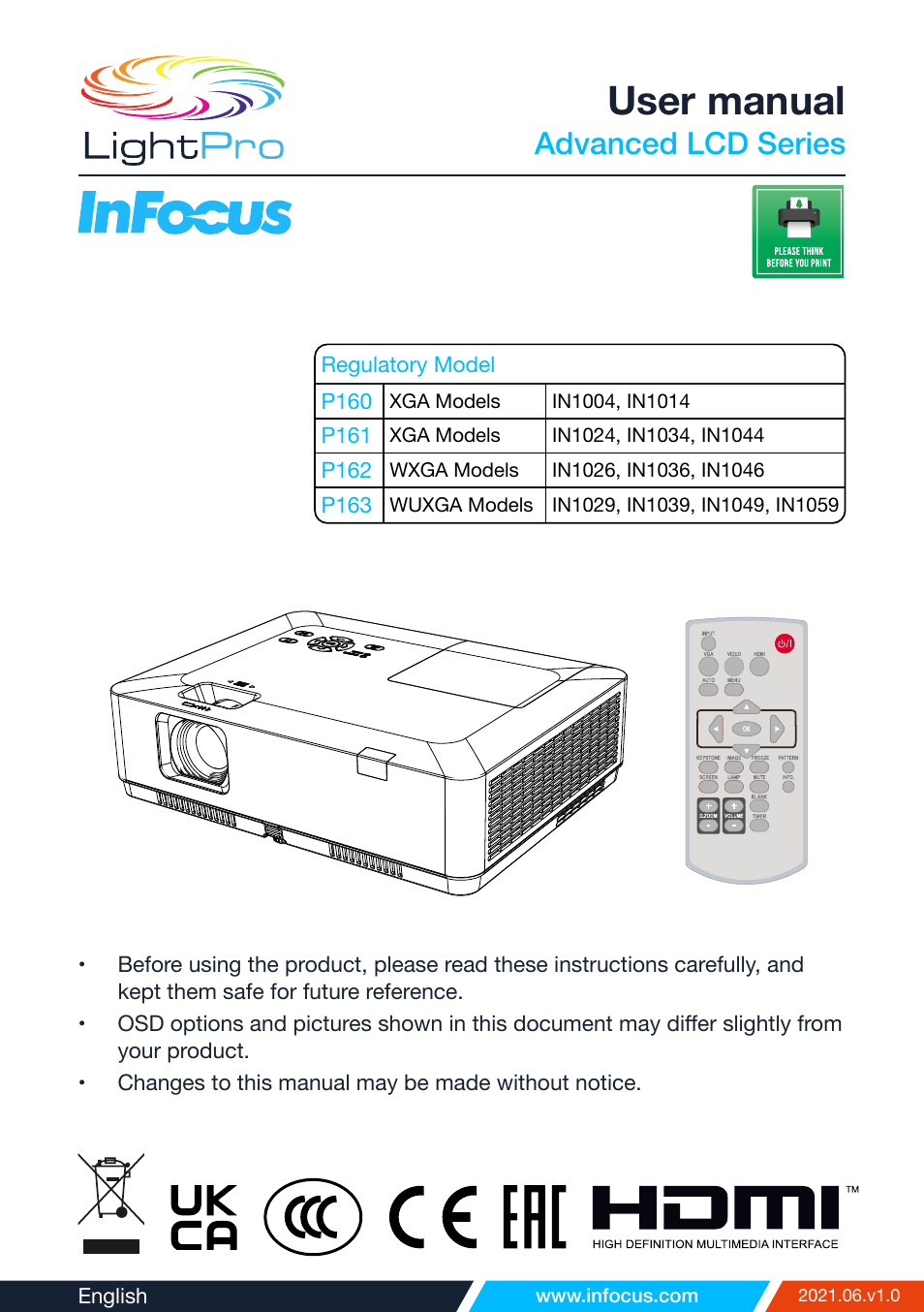 InFocus IN1026 Advanced 4200-Lumen WXGA 3LCD Projector User Manual | 131 pages