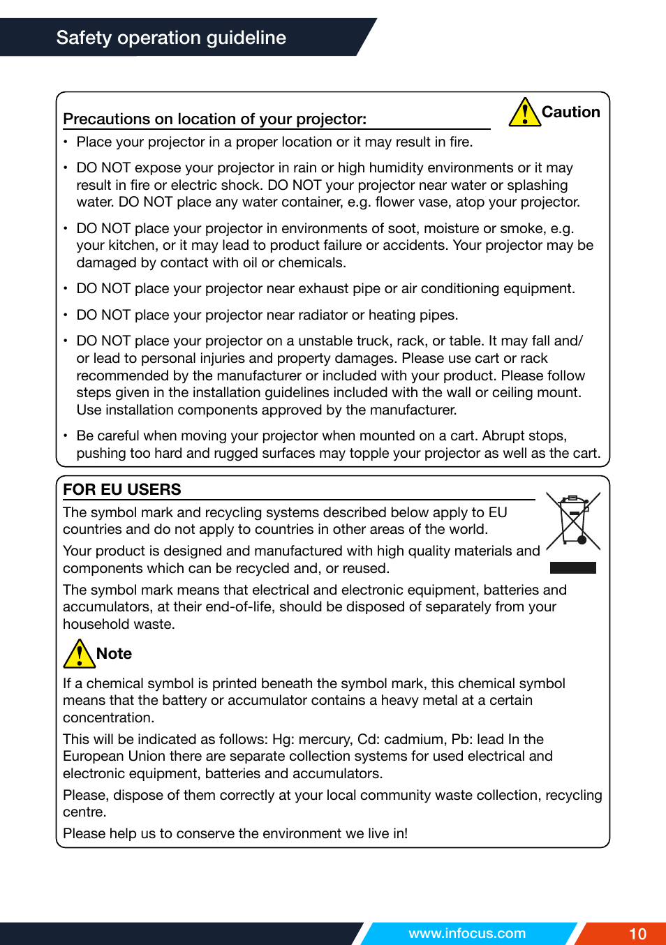 Safety operation guideline | InFocus IN1026 Advanced 4200-Lumen WXGA 3LCD Projector User Manual | Page 10 / 131
