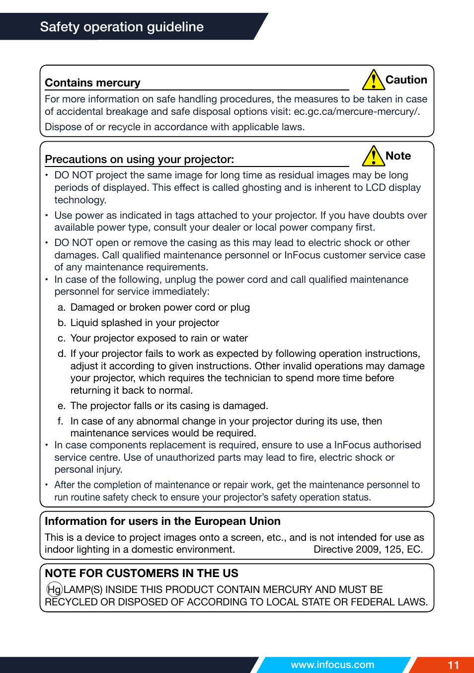 Safety operation guideline | InFocus IN1026 Advanced 4200-Lumen WXGA 3LCD Projector User Manual | Page 11 / 131
