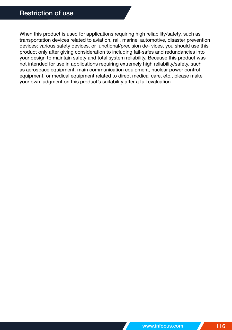 Restriction of use | InFocus IN1026 Advanced 4200-Lumen WXGA 3LCD Projector User Manual | Page 116 / 131