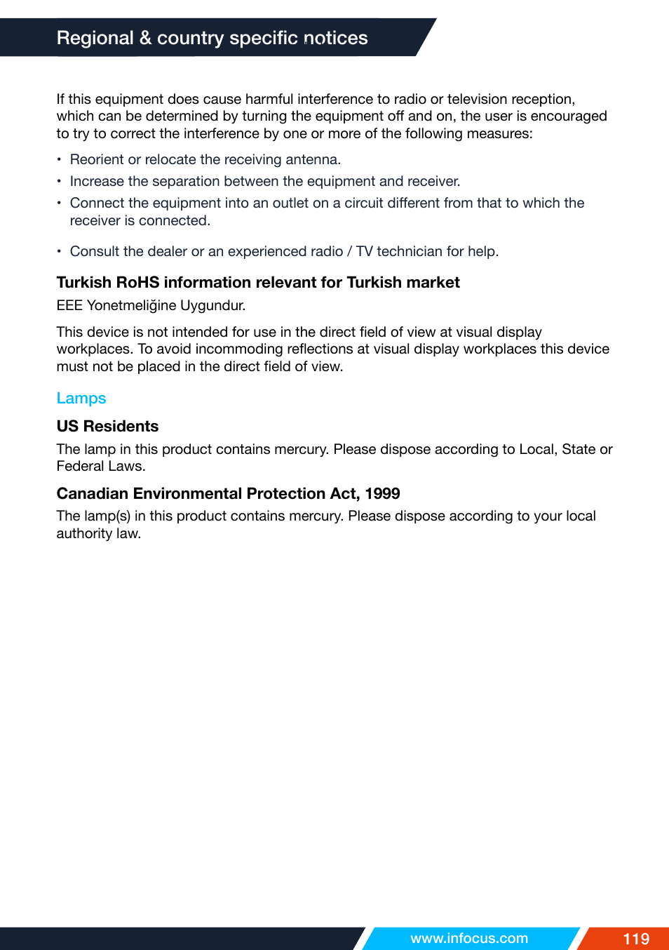 Lamps, Regional & country specific notices | InFocus IN1026 Advanced 4200-Lumen WXGA 3LCD Projector User Manual | Page 119 / 131