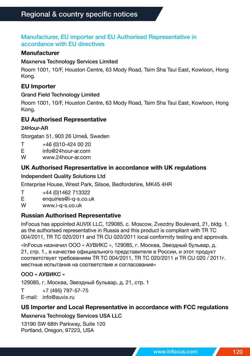 Directives, Regional & country specific notices | InFocus IN1026 Advanced 4200-Lumen WXGA 3LCD Projector User Manual | Page 120 / 131