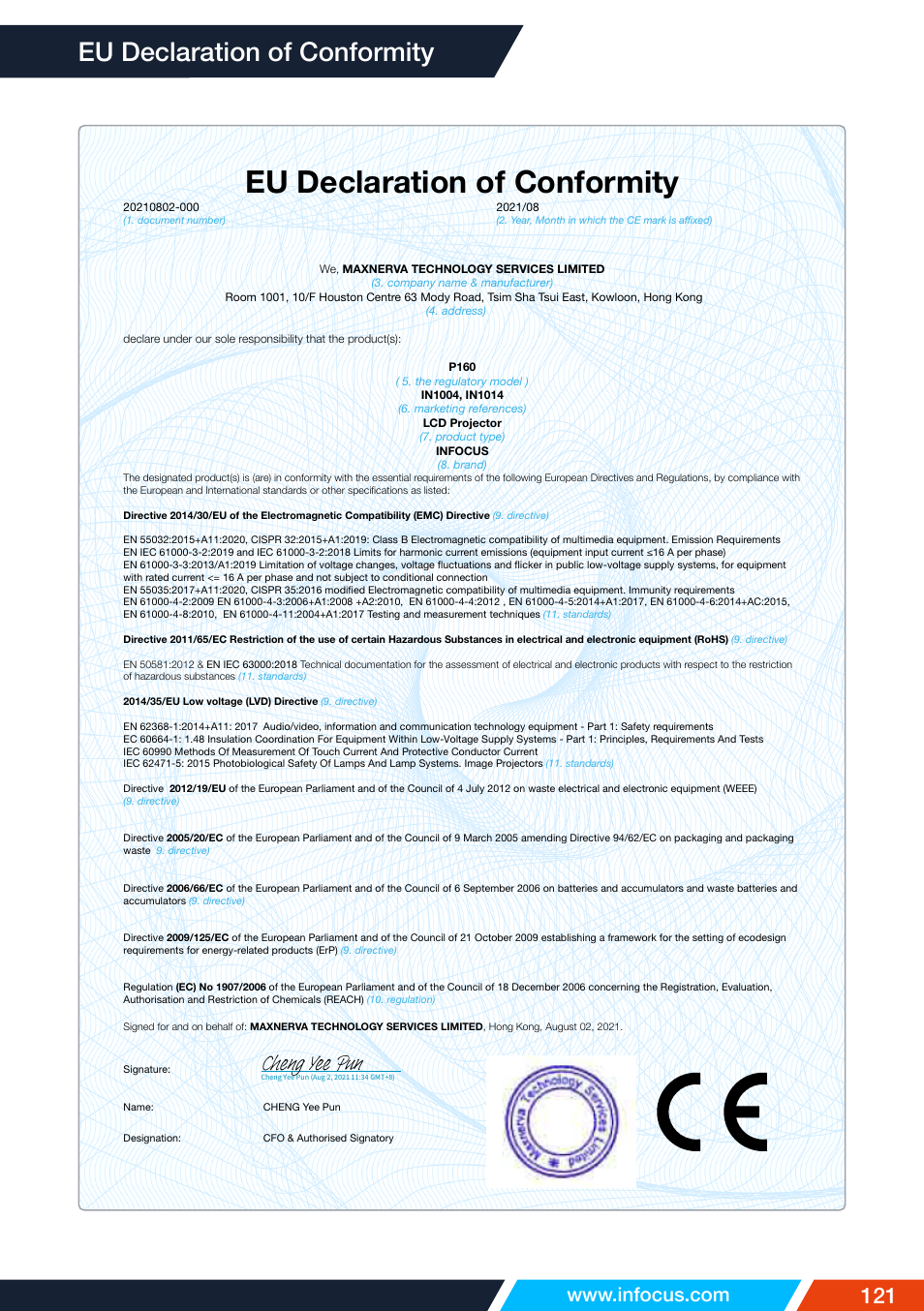 Eu declaration of conformity, Cheng yee pun | InFocus IN1026 Advanced 4200-Lumen WXGA 3LCD Projector User Manual | Page 121 / 131