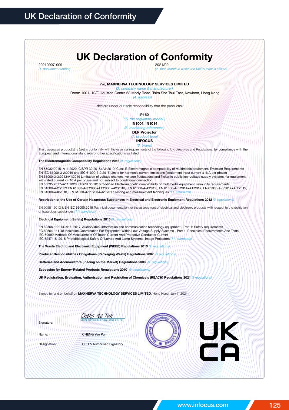 Uk declaration of conformity, Cheng yee pun | InFocus IN1026 Advanced 4200-Lumen WXGA 3LCD Projector User Manual | Page 125 / 131