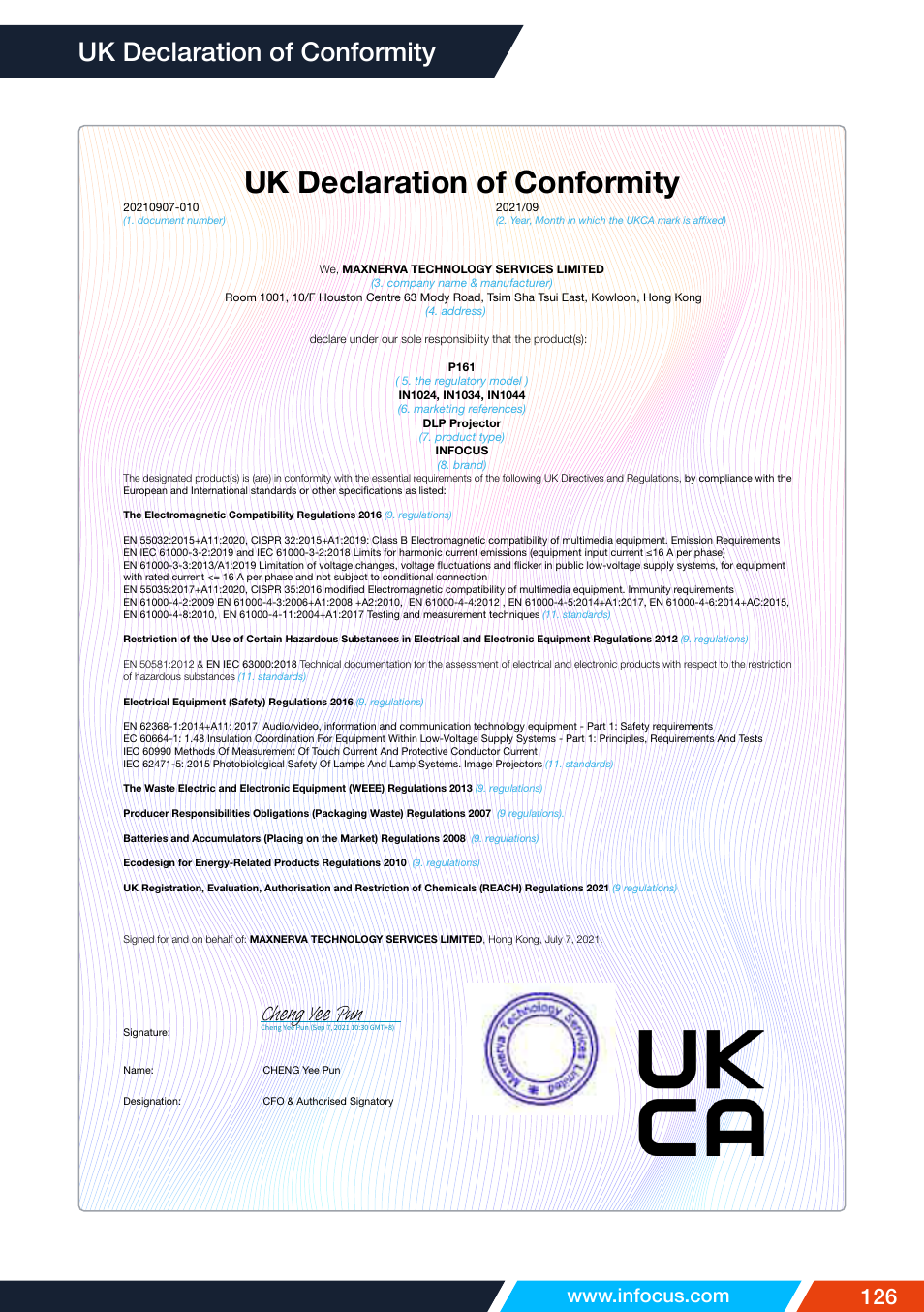 Uk declaration of conformity, Cheng yee pun | InFocus IN1026 Advanced 4200-Lumen WXGA 3LCD Projector User Manual | Page 126 / 131