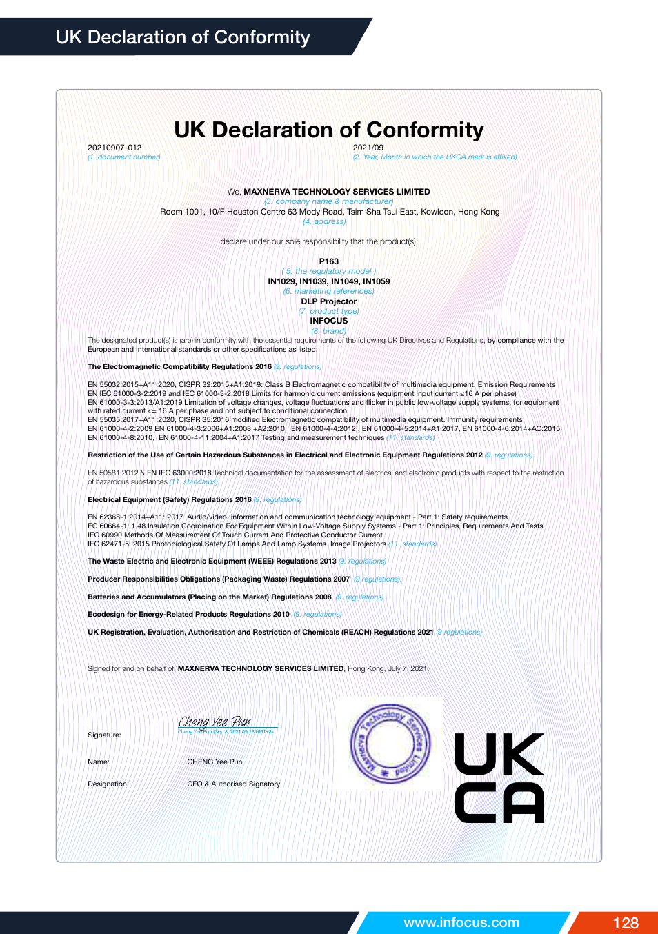 Uk declaration of conformity, Cheng yee pun | InFocus IN1026 Advanced 4200-Lumen WXGA 3LCD Projector User Manual | Page 128 / 131