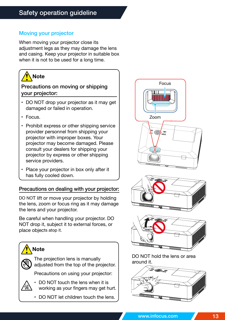 Moving your projector, Safety operation guideline | InFocus IN1026 Advanced 4200-Lumen WXGA 3LCD Projector User Manual | Page 13 / 131