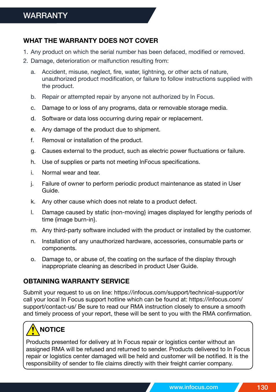 Warranty | InFocus IN1026 Advanced 4200-Lumen WXGA 3LCD Projector User Manual | Page 130 / 131