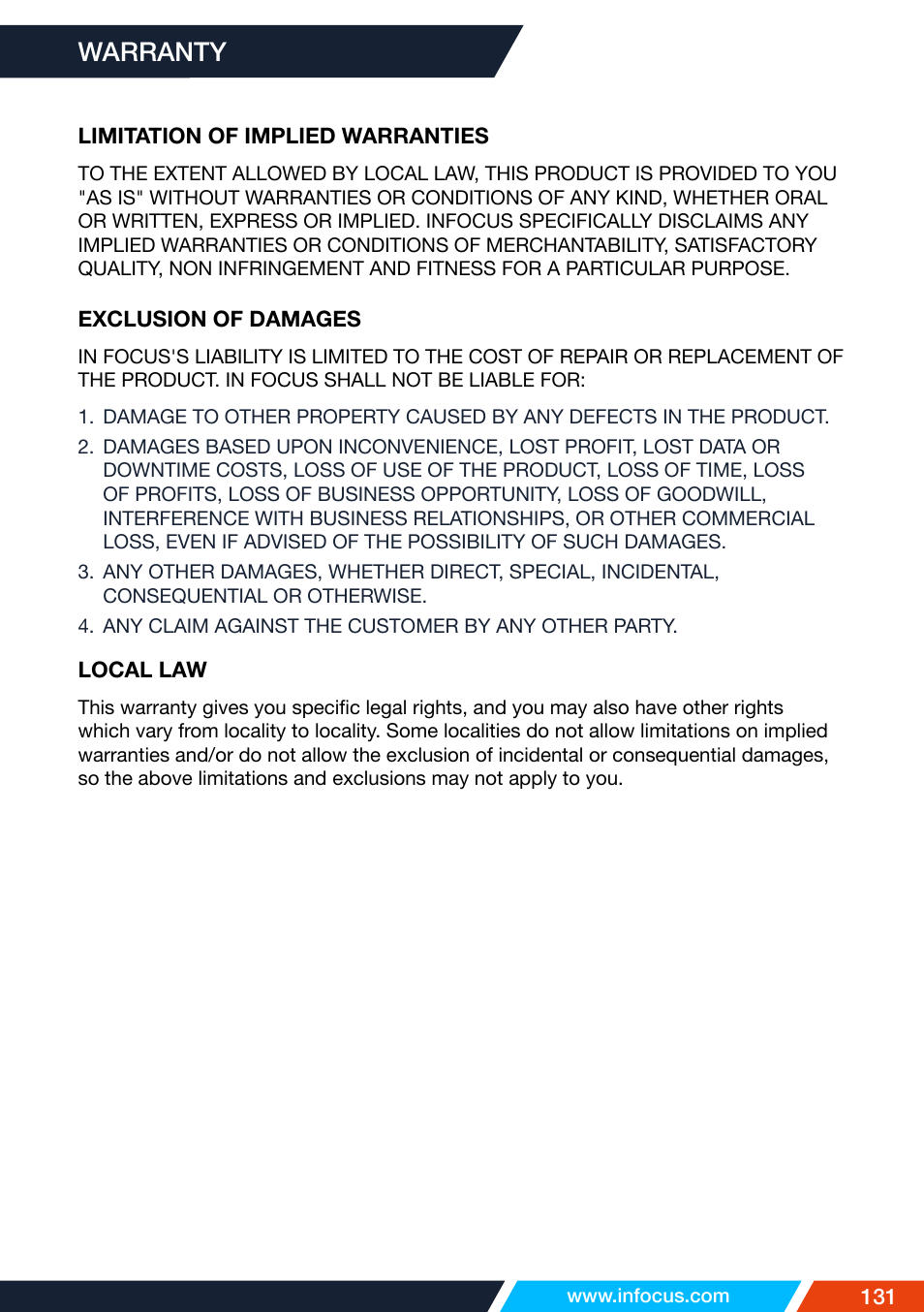 Warranty | InFocus IN1026 Advanced 4200-Lumen WXGA 3LCD Projector User Manual | Page 131 / 131