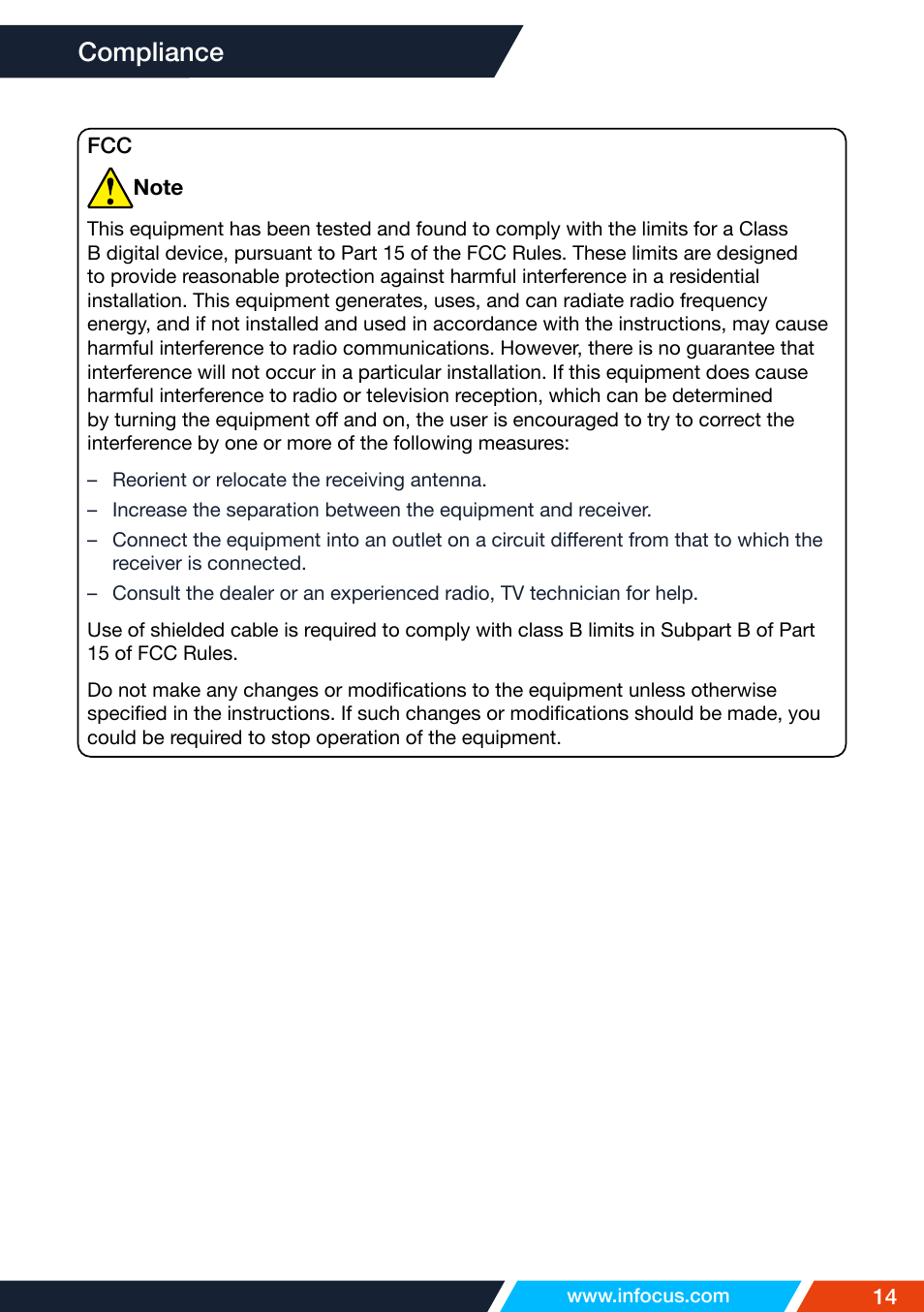 Compliance | InFocus IN1026 Advanced 4200-Lumen WXGA 3LCD Projector User Manual | Page 14 / 131