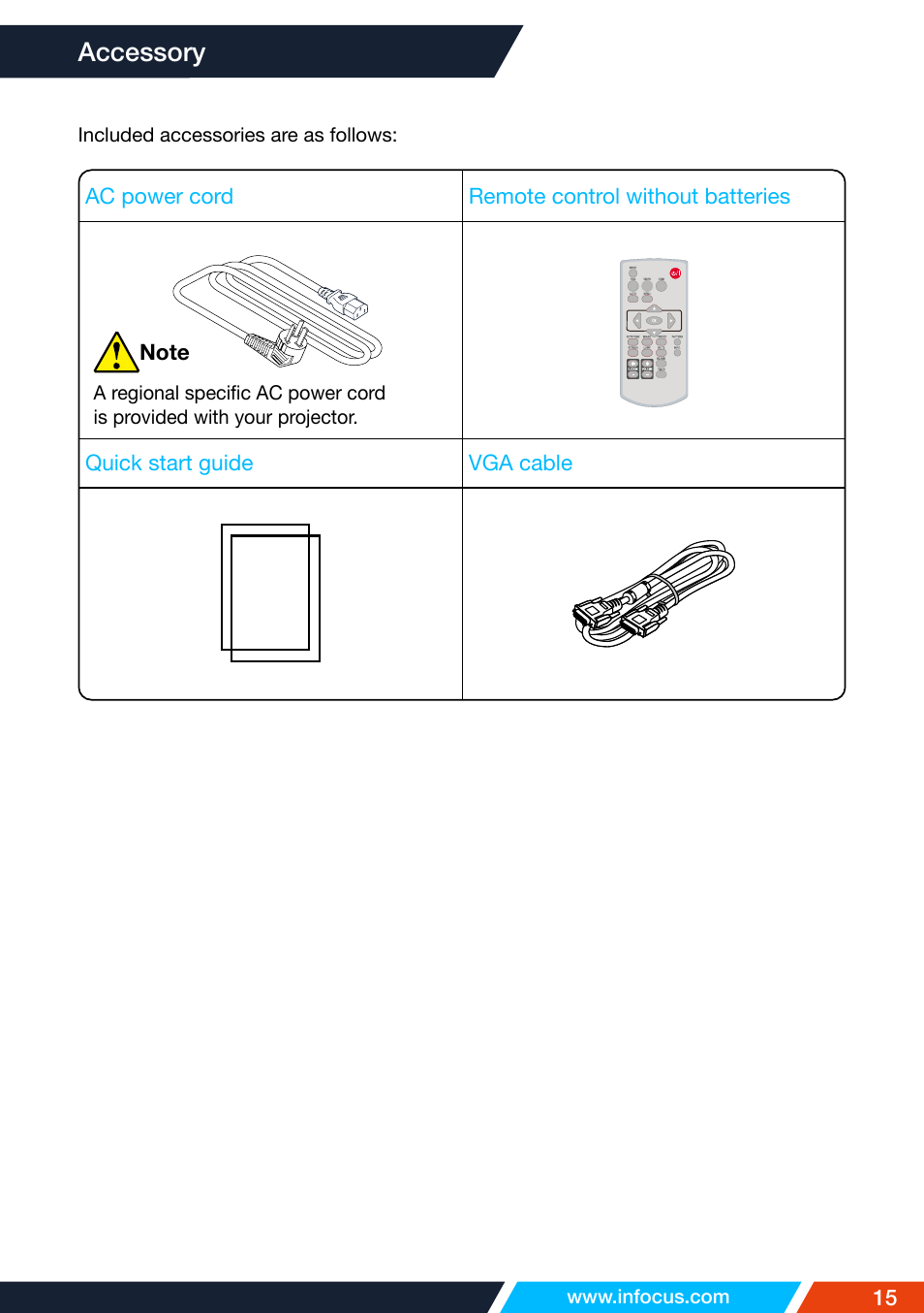 Accessory | InFocus IN1026 Advanced 4200-Lumen WXGA 3LCD Projector User Manual | Page 15 / 131
