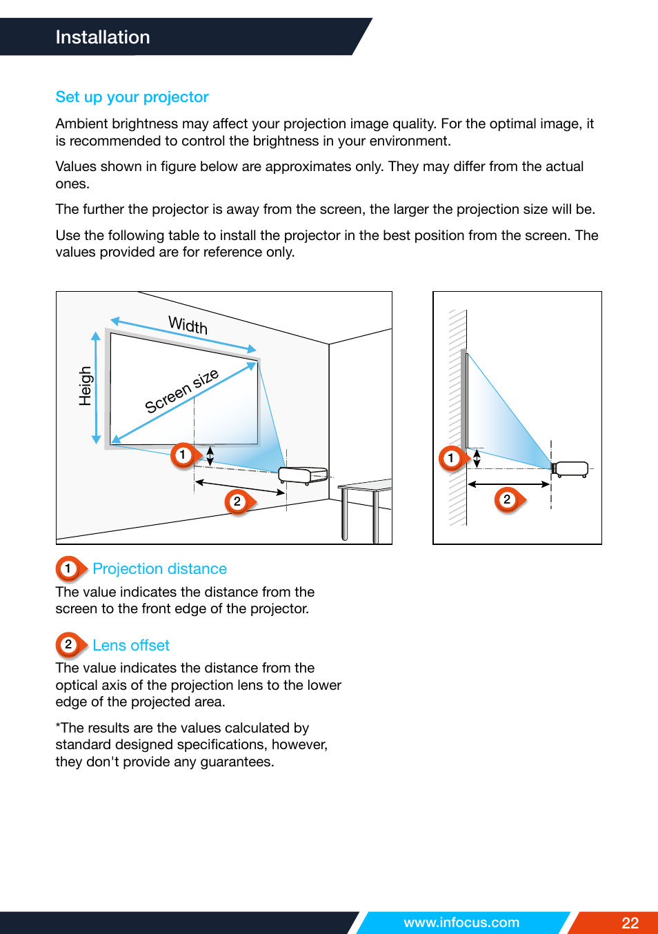 Installation, Set up your projector | InFocus IN1026 Advanced 4200-Lumen WXGA 3LCD Projector User Manual | Page 22 / 131