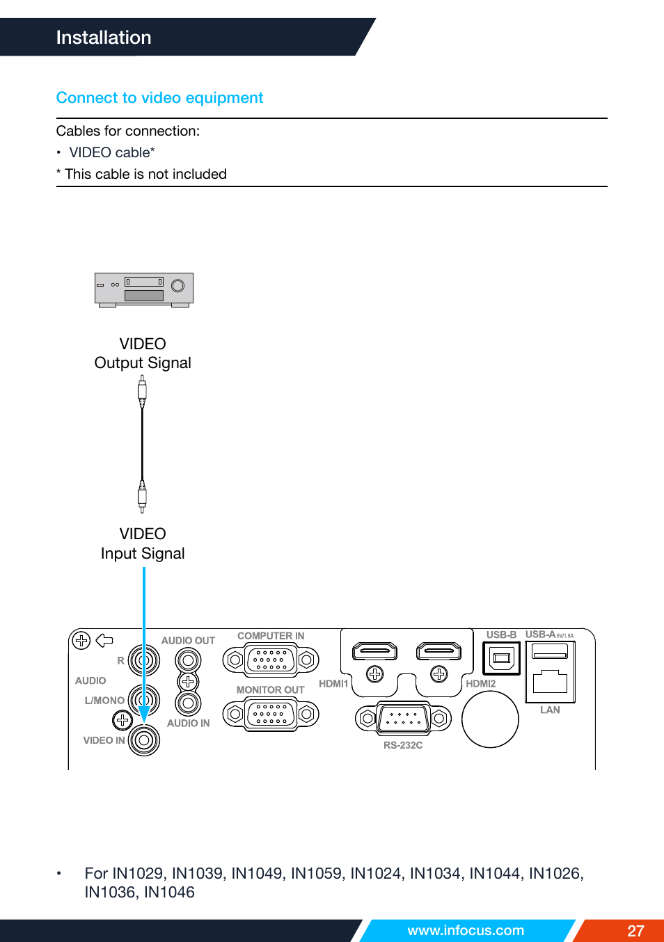 Connect to video equipment, Installation | InFocus IN1026 Advanced 4200-Lumen WXGA 3LCD Projector User Manual | Page 27 / 131