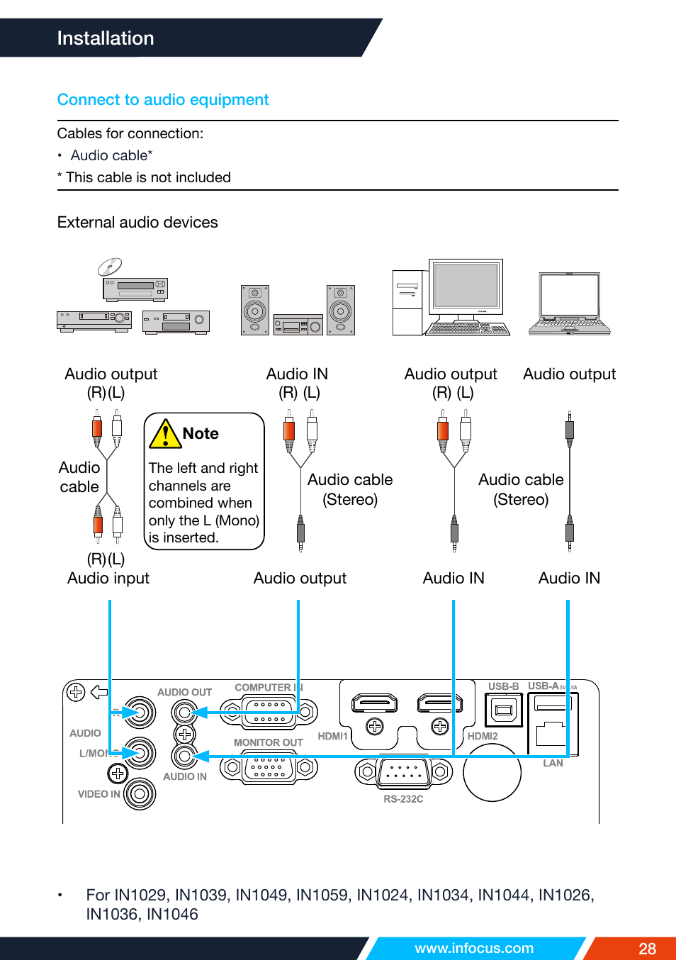 Connect to audio equipment, Installation | InFocus IN1026 Advanced 4200-Lumen WXGA 3LCD Projector User Manual | Page 28 / 131