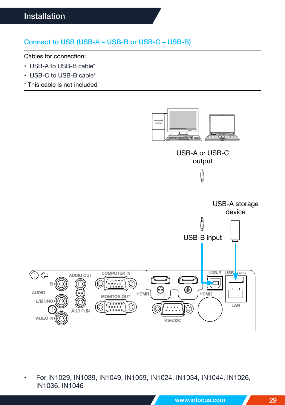 Connect to usb (usb-a – usb-b or usb-c – usb-b), Installation | InFocus IN1026 Advanced 4200-Lumen WXGA 3LCD Projector User Manual | Page 29 / 131