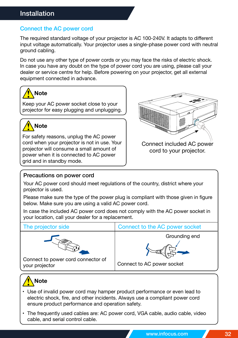 Connect the ac power cord, Installation | InFocus IN1026 Advanced 4200-Lumen WXGA 3LCD Projector User Manual | Page 32 / 131