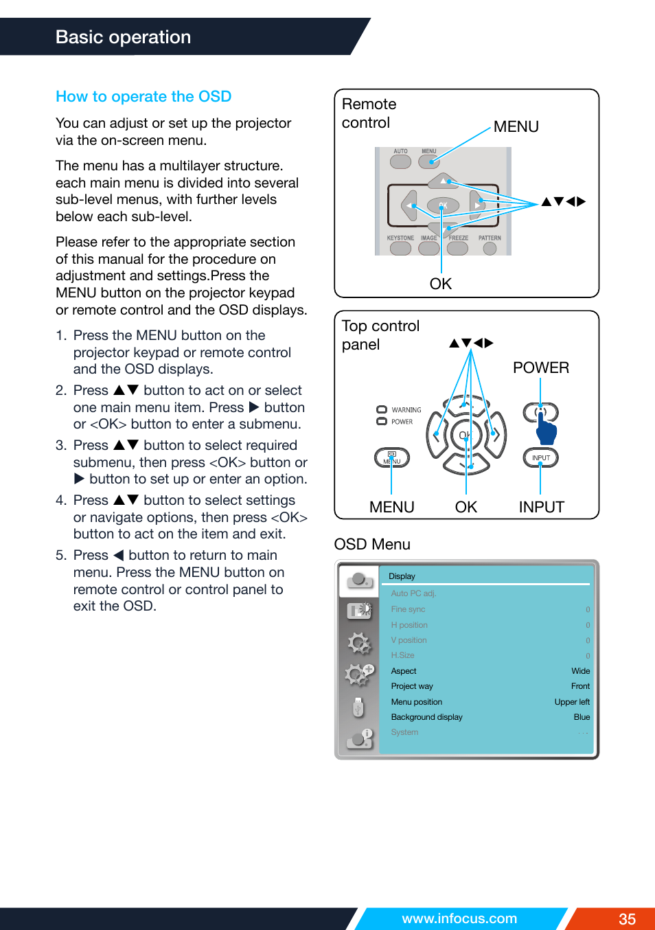 How to operate the osd, Basic operation | InFocus IN1026 Advanced 4200-Lumen WXGA 3LCD Projector User Manual | Page 35 / 131