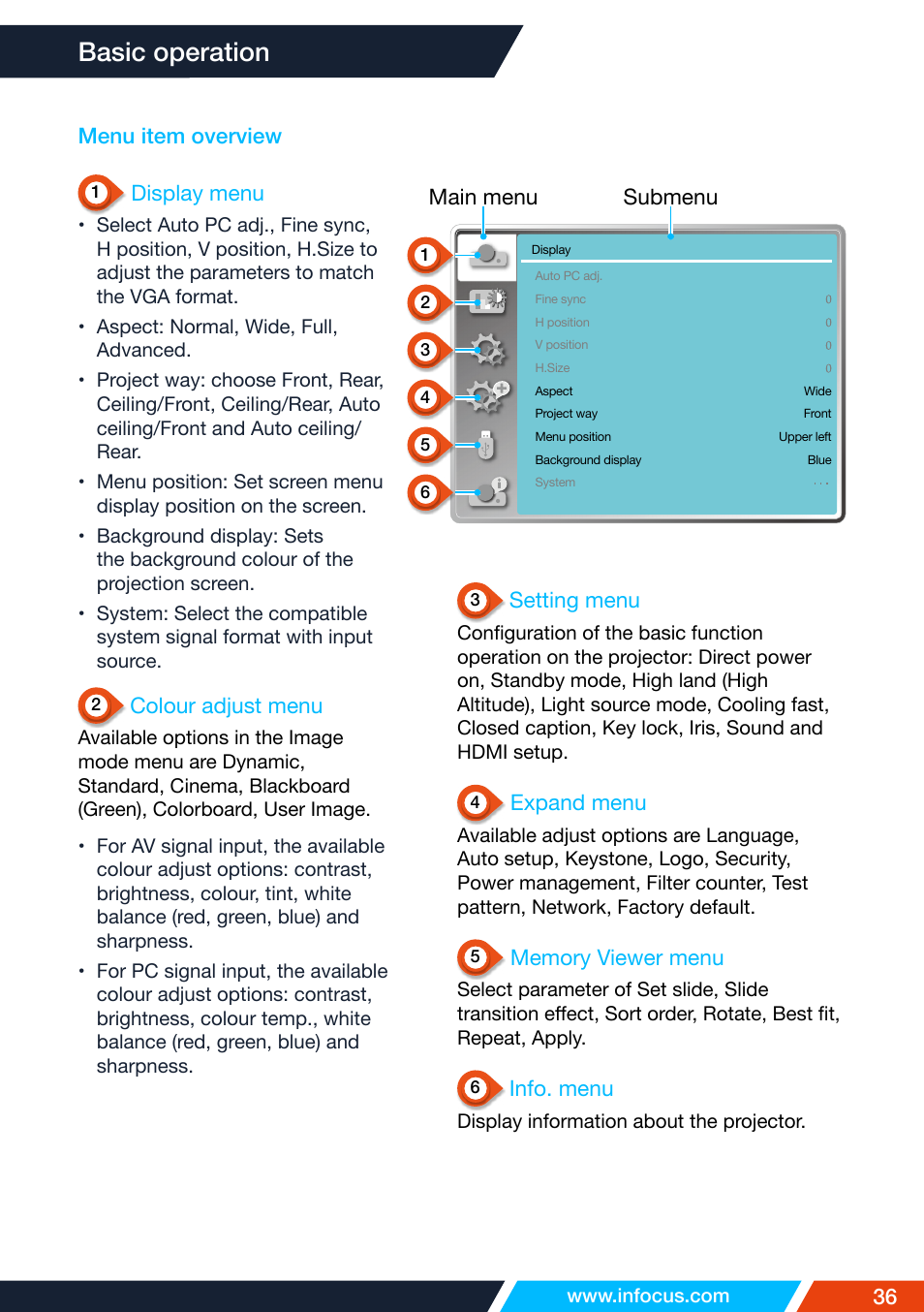 Menu item overview, Basic operation | InFocus IN1026 Advanced 4200-Lumen WXGA 3LCD Projector User Manual | Page 36 / 131