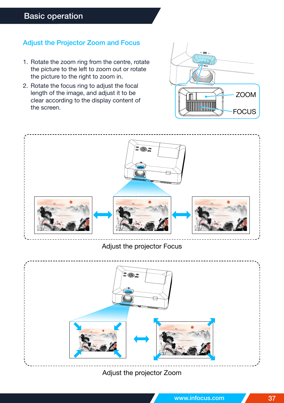 Adjust the projector zoom and focus, Basic operation | InFocus IN1026 Advanced 4200-Lumen WXGA 3LCD Projector User Manual | Page 37 / 131